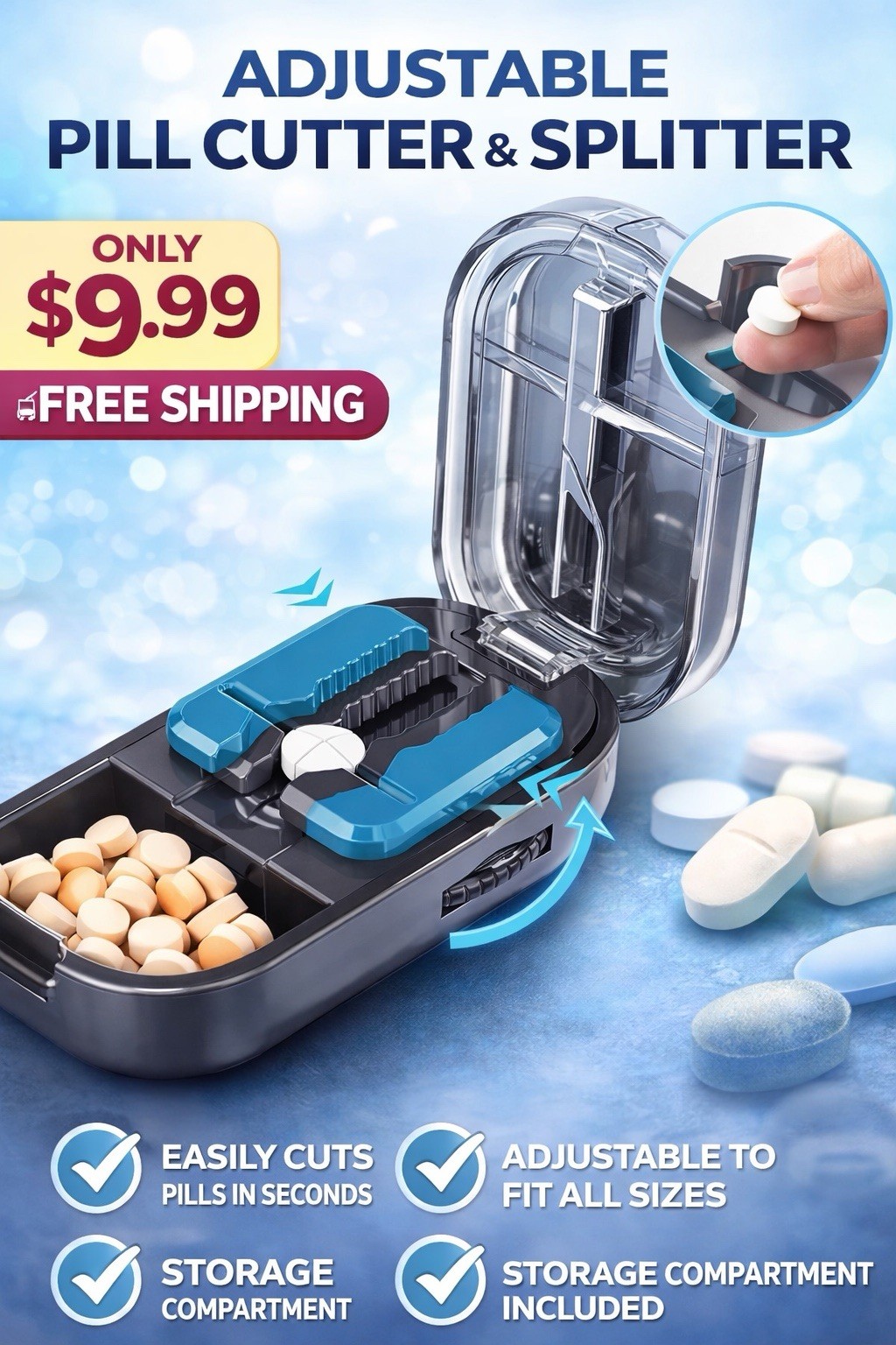Adjustable Pill Cutter Splitter | Safe Precision Tablet Cutting Box w/ Storage
