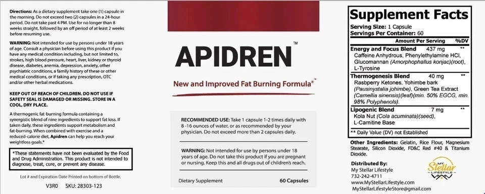Apidren, formula to help you burn fat-60 Capsules – Free Shipping – Pack of 2.