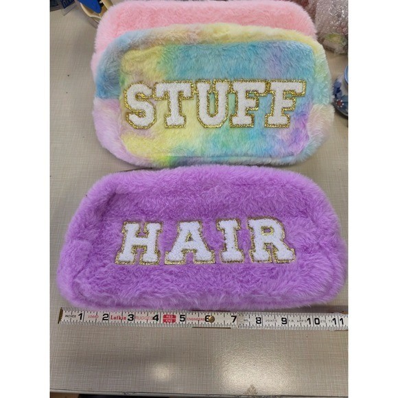Faux Fur Chenille Letter Patch Makeup Bag Travel Pouch Set HAIR STUFF FACE SKIN
