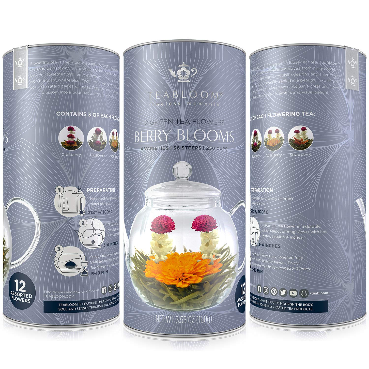 Holiday Flowering Teas – 12 Assorted, Delicious Berry Blooming Teas – Premium Gr