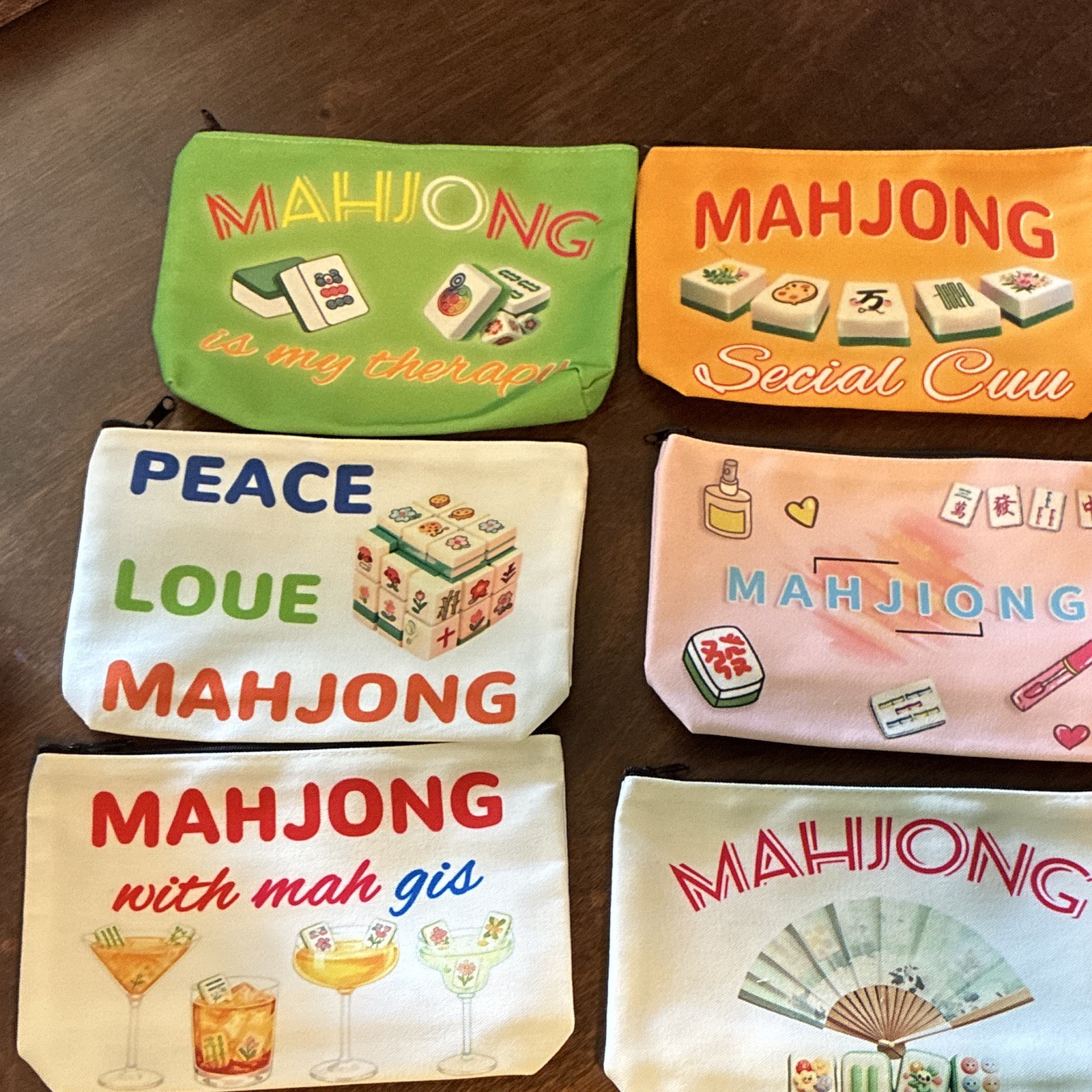 Mahjong Theme Multicolor Makeup Bag Zipper Pouches Lot of 6, Zipper Closure