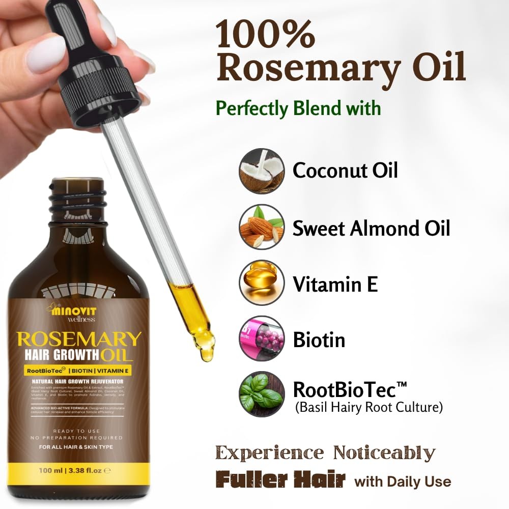 Rosemary Oil For Hair Growth (3.4 Fl Oz) Infused With Biotin, Vitamin E, Almo…