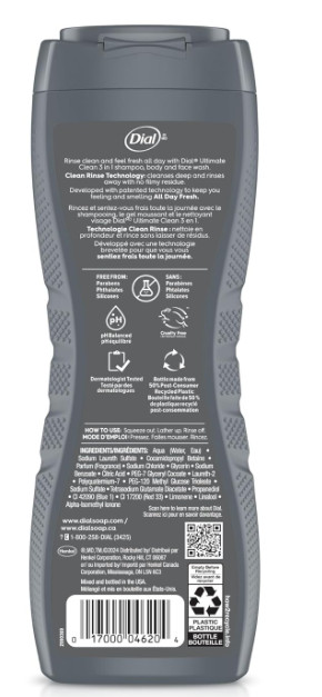 Dial Men 3 in 1 Body, Hair and Face Wash, Ultimate Clean, 16 Fl Oz, Pack of 4, A