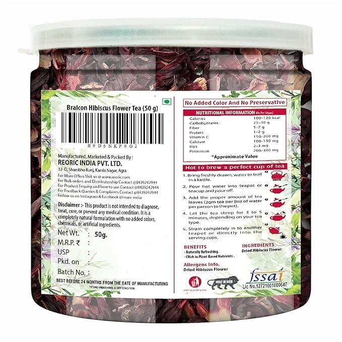Organic Hibiscus Flowers C/S 100% Pure, Non-GMO Hibiscus Sabdariffa, Vibrant 50g