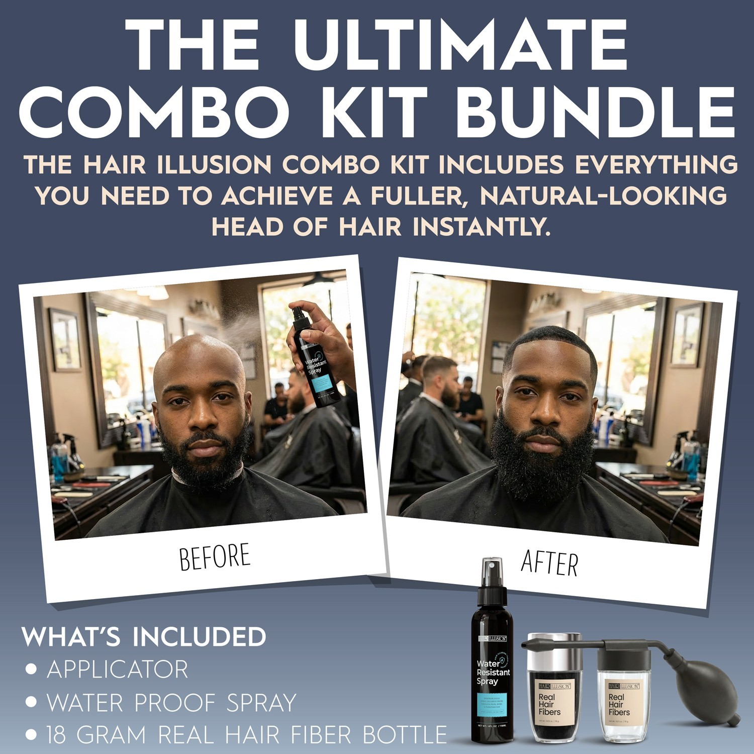 Hair Illusion Hair Fibers Kit: 18g BLACK Fibers, Water Resistant Spray. Applic