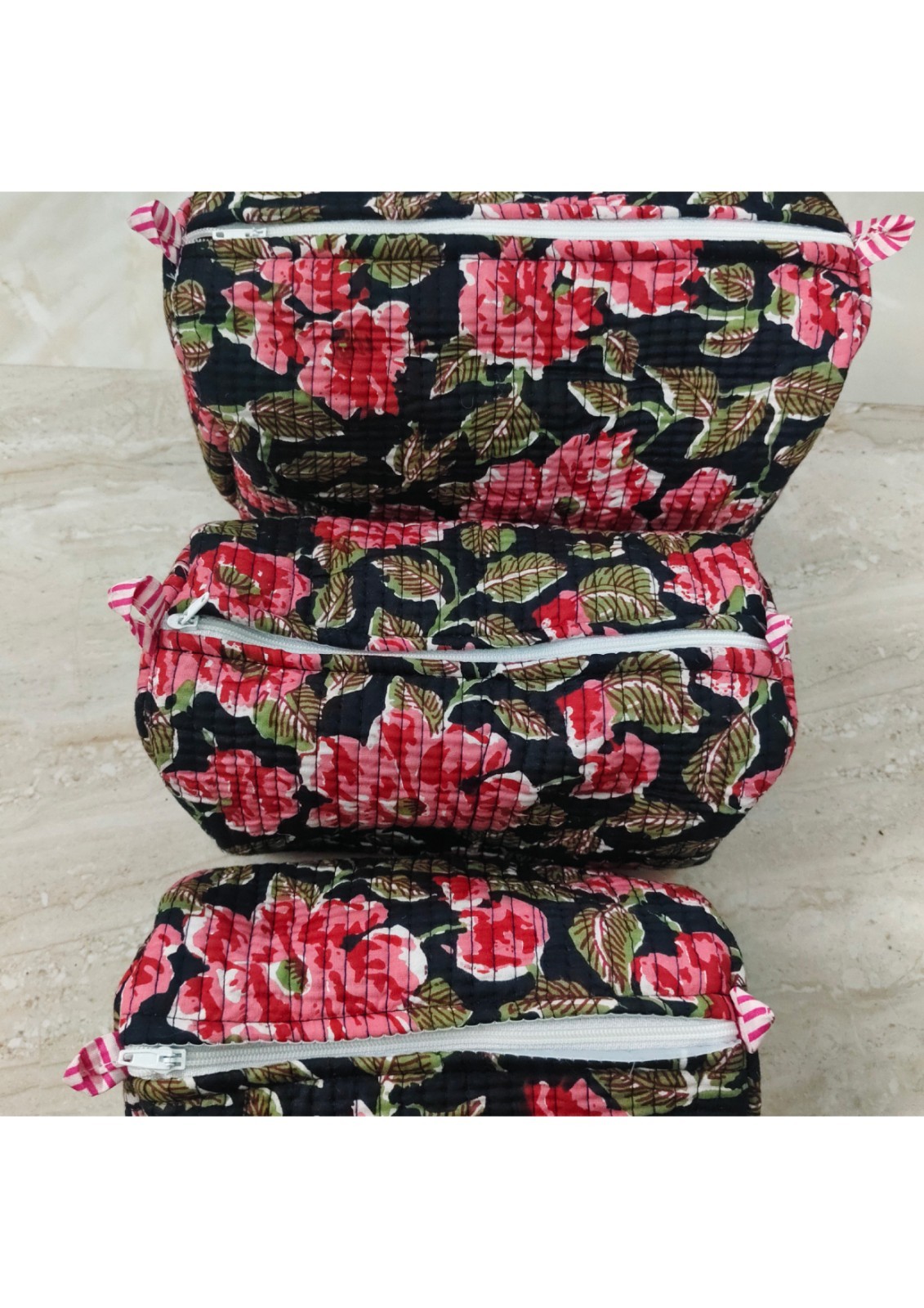 Hand-Block Printed Floral Cotton Makeup Bag Set | Autumn Leaf Toiletry Organizer