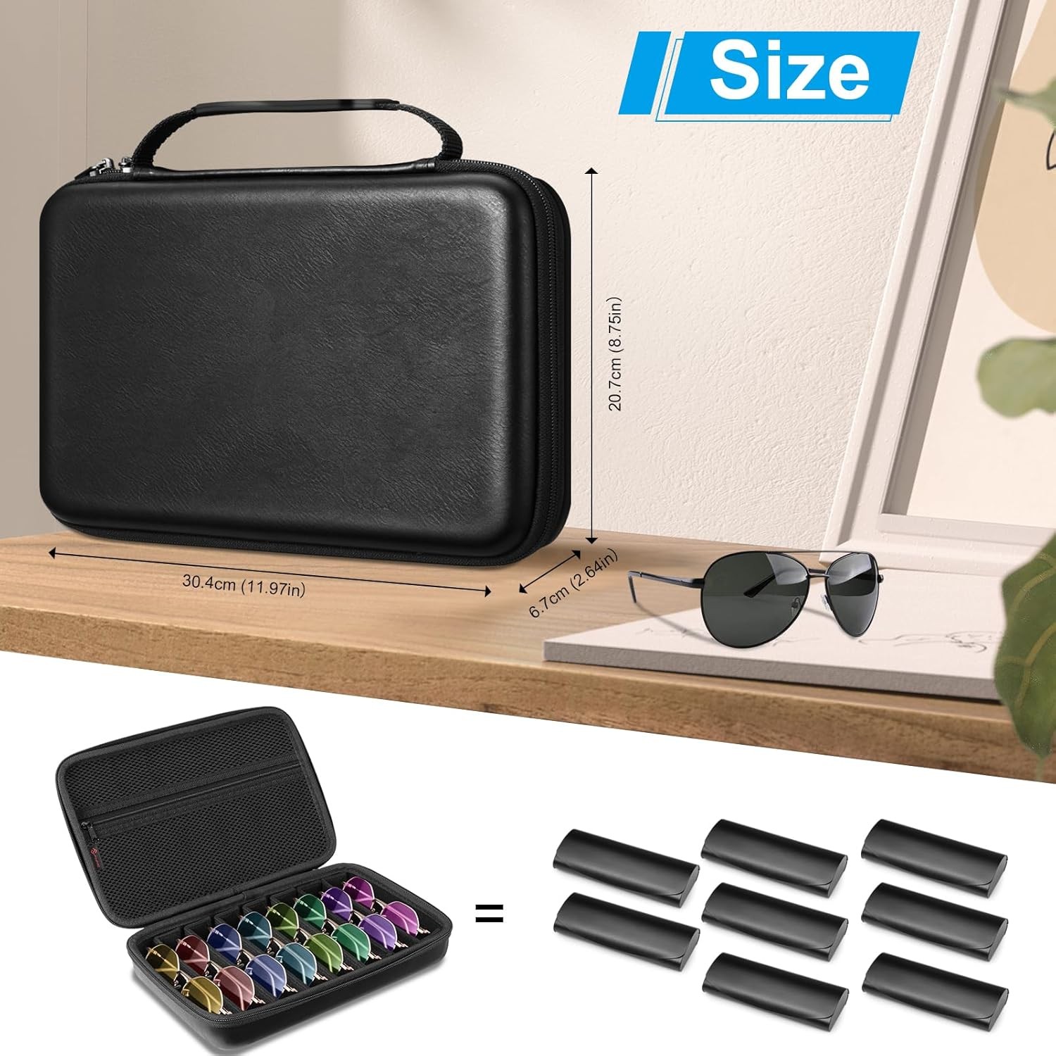 Travel Sunglasses Organizer Case with 8-Slot Adjustable Compartments Men Women