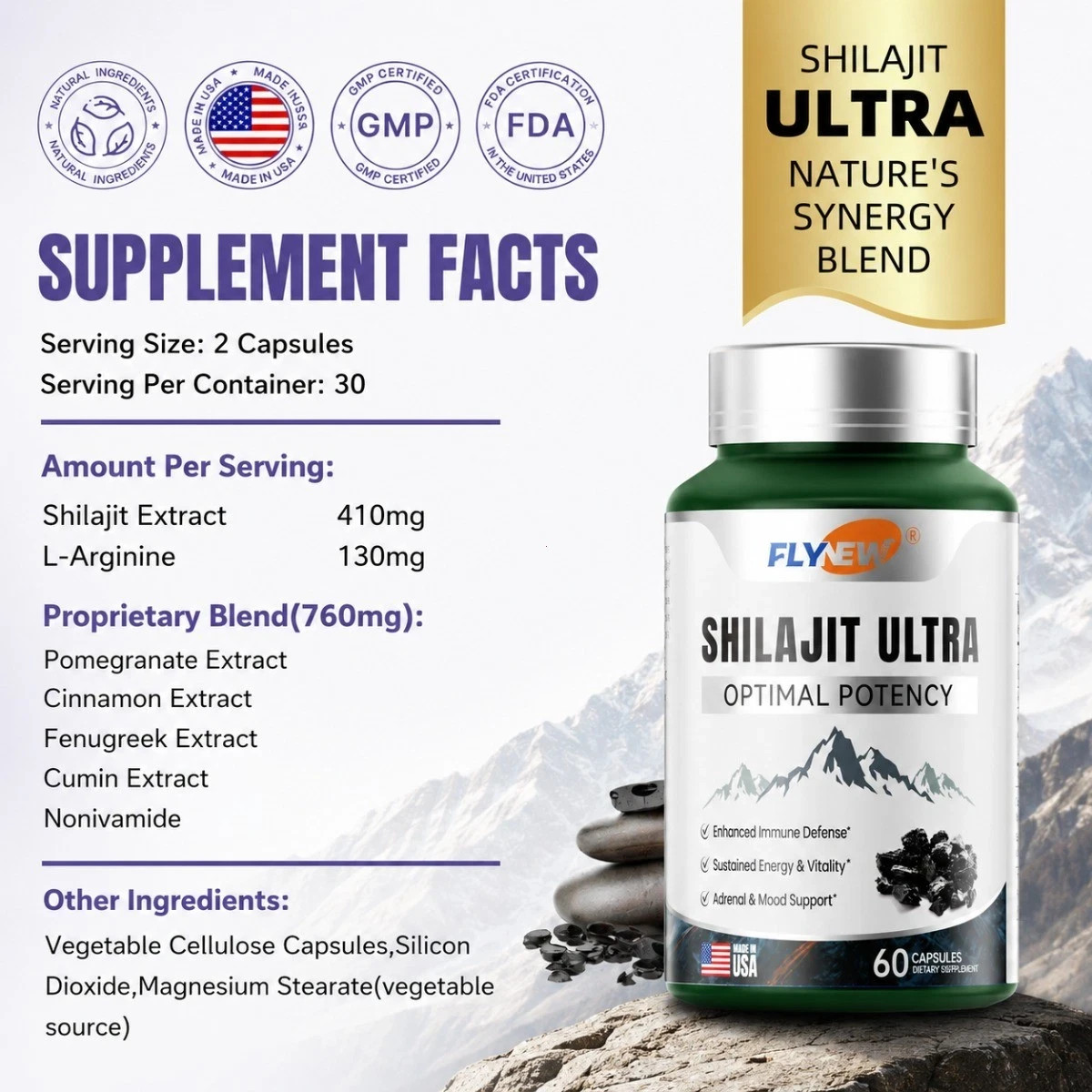 Shilajit Ultra Optimal Potency, Pure Shilajit Extract Flynew with L-Arginine,
