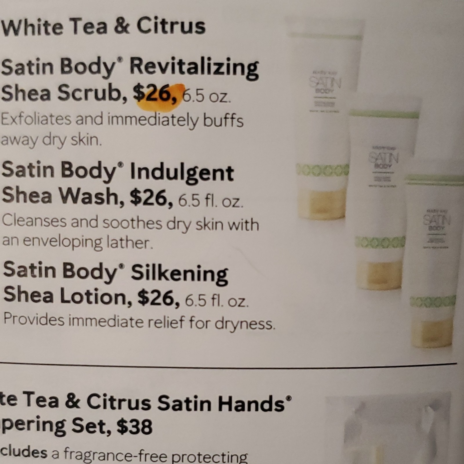 Mary Kay Satin Body White Tea & Citrus 3-Pc Set Scrub Wash Lotion Shea 6.5 oz