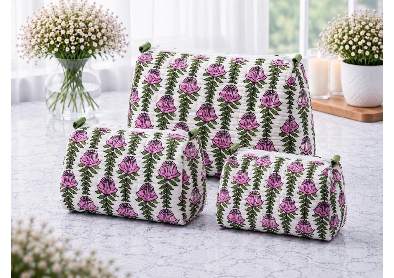 Hand-Block Printed Floral Cotton Makeup Bag Set | Autumn Leaf Toiletry Organizer