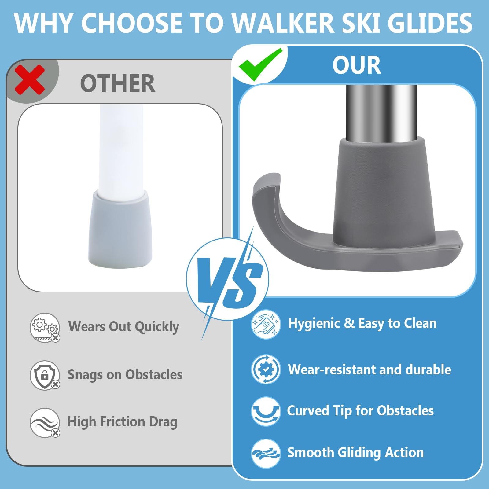 2 Pack Walker Ski Glides Replacement Feet Strong 1-1/8 in Folding Walkers