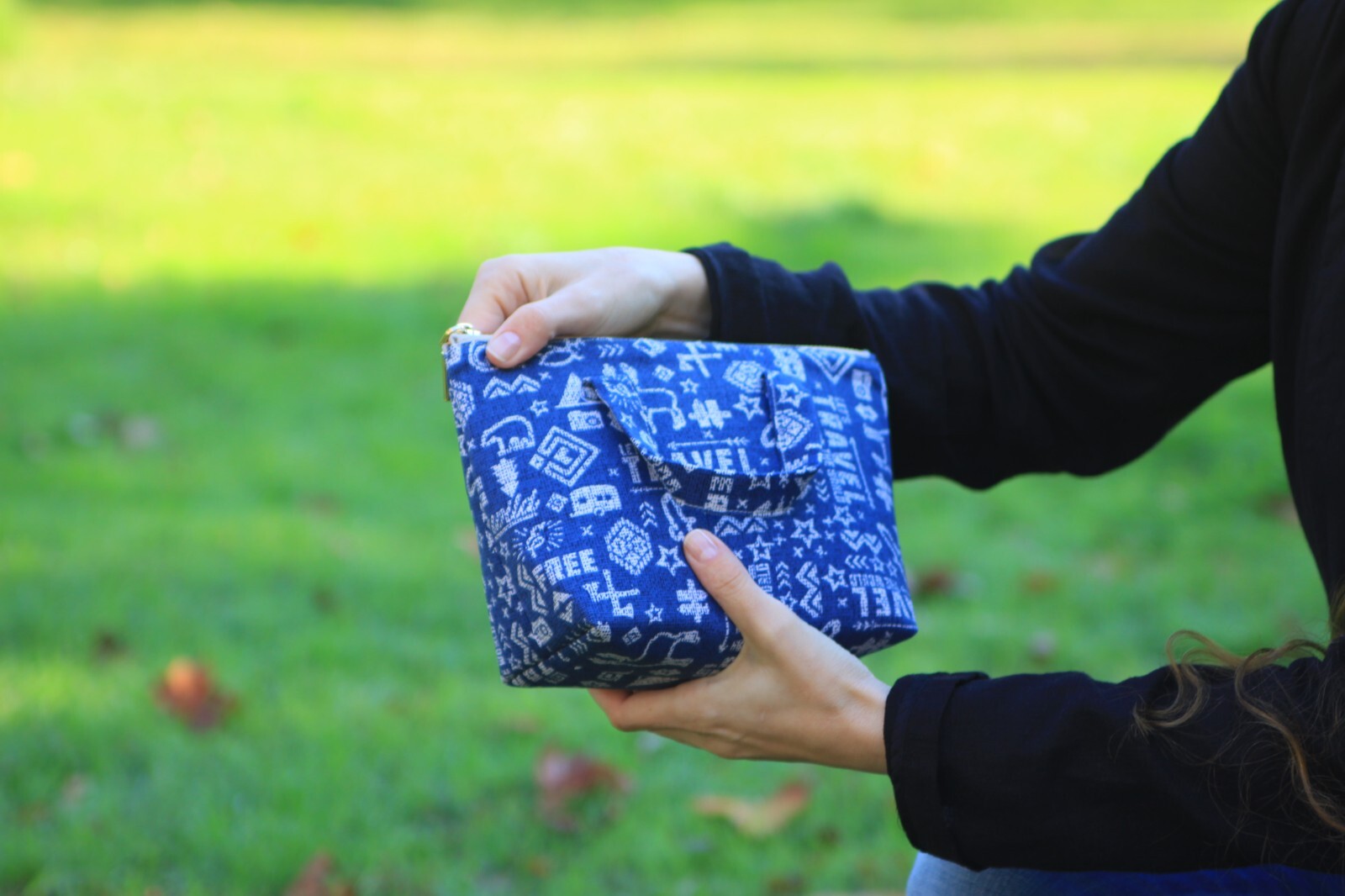Handmade Multicolor Cotton Toiletry Bag Two Handles Zipper Closure Pockets.
