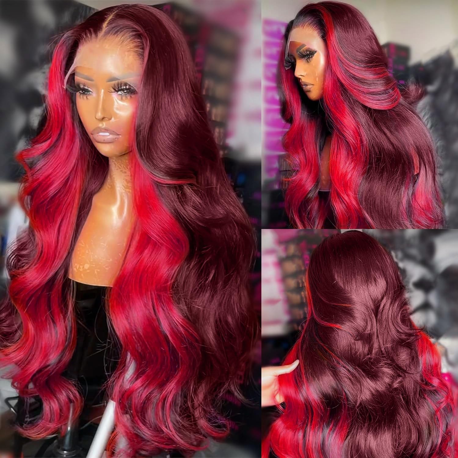 Red Highlight Burgundy Wig Human Hair 13X6 Ombre Burgundy Lace Front Wigs Hum…