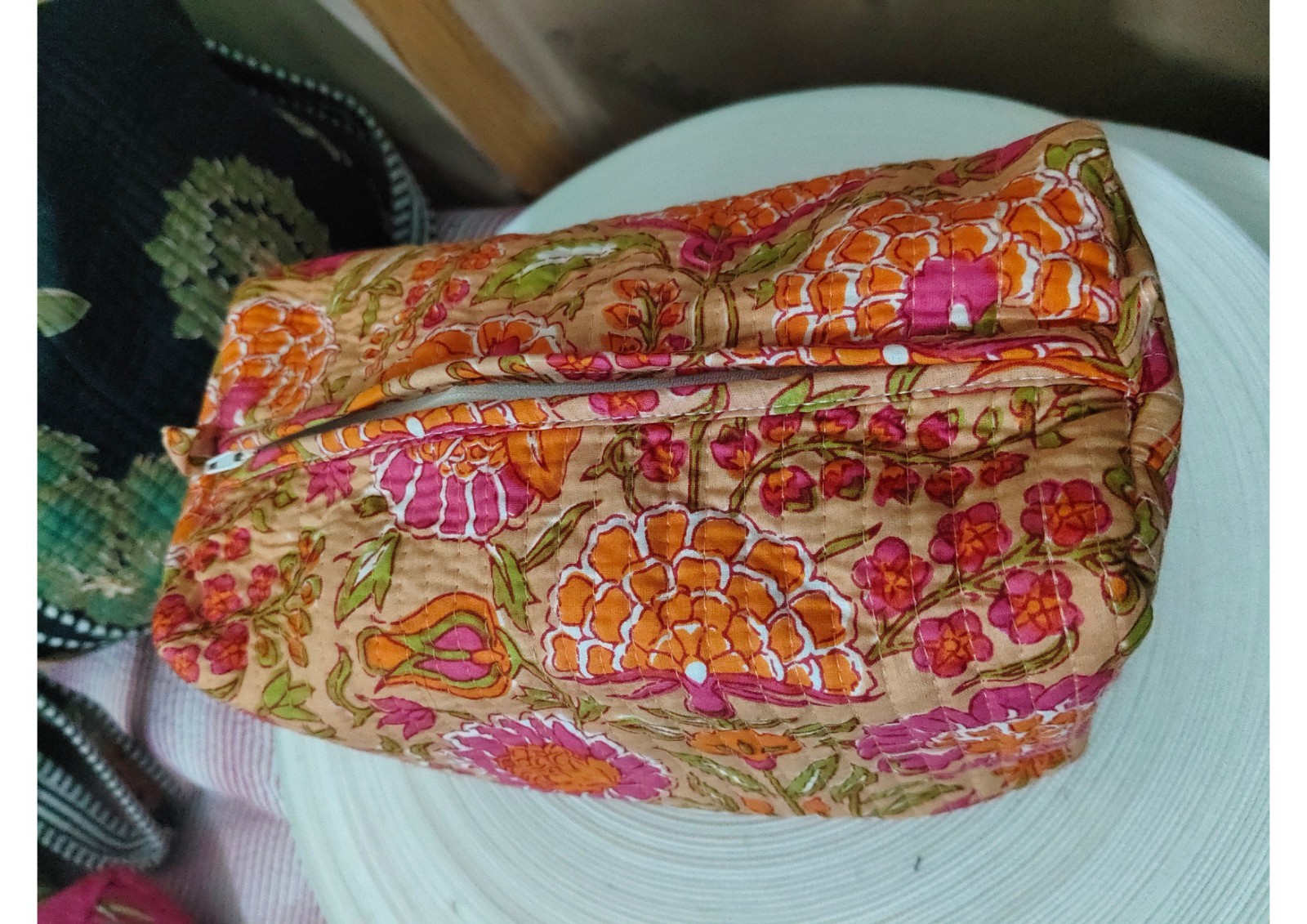 Hand-Block Printed Floral Cotton Makeup Bag Set | Autumn Leaf Toiletry Organizer