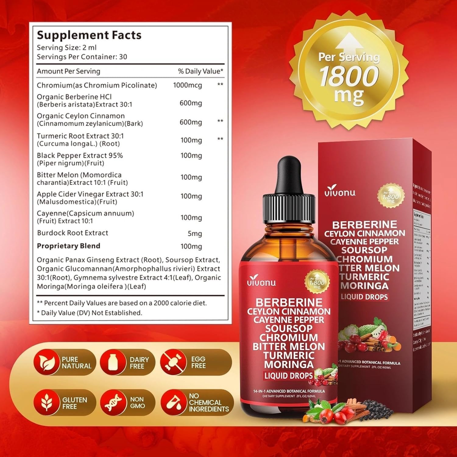 14-in-1 Berberine Liquid Drops 1800mg Liposomal Ceylon Cinnamon