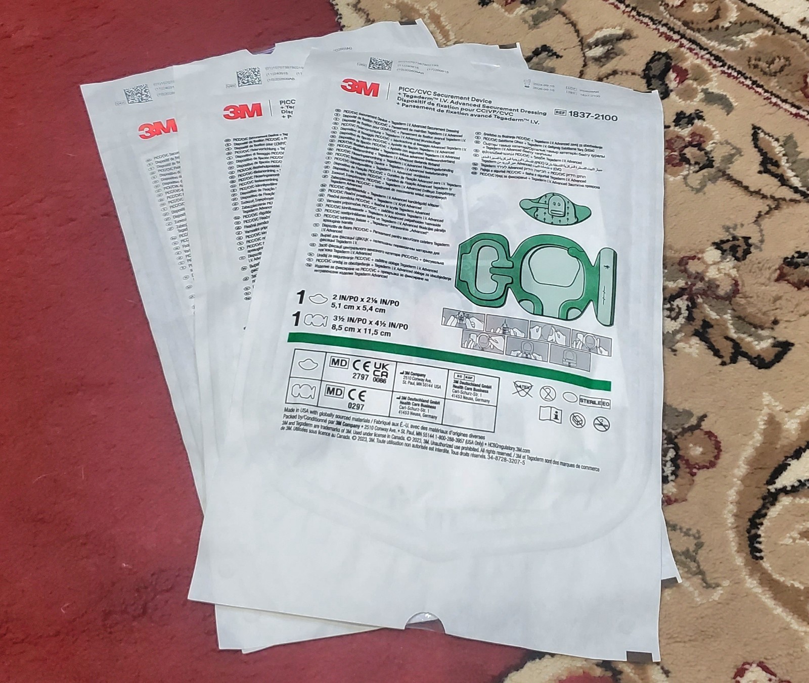 3M PICC/CVC Securement ref 1837-2100, 2in x 2 1/8in. Lot of 3