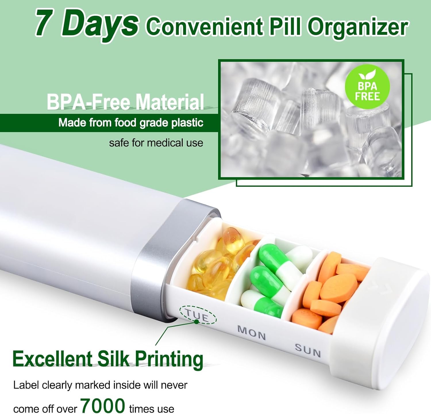 2 PK GREENCYCLE White Pill Organizer Box 7 Day, Weekly Travel Pill Case Holder