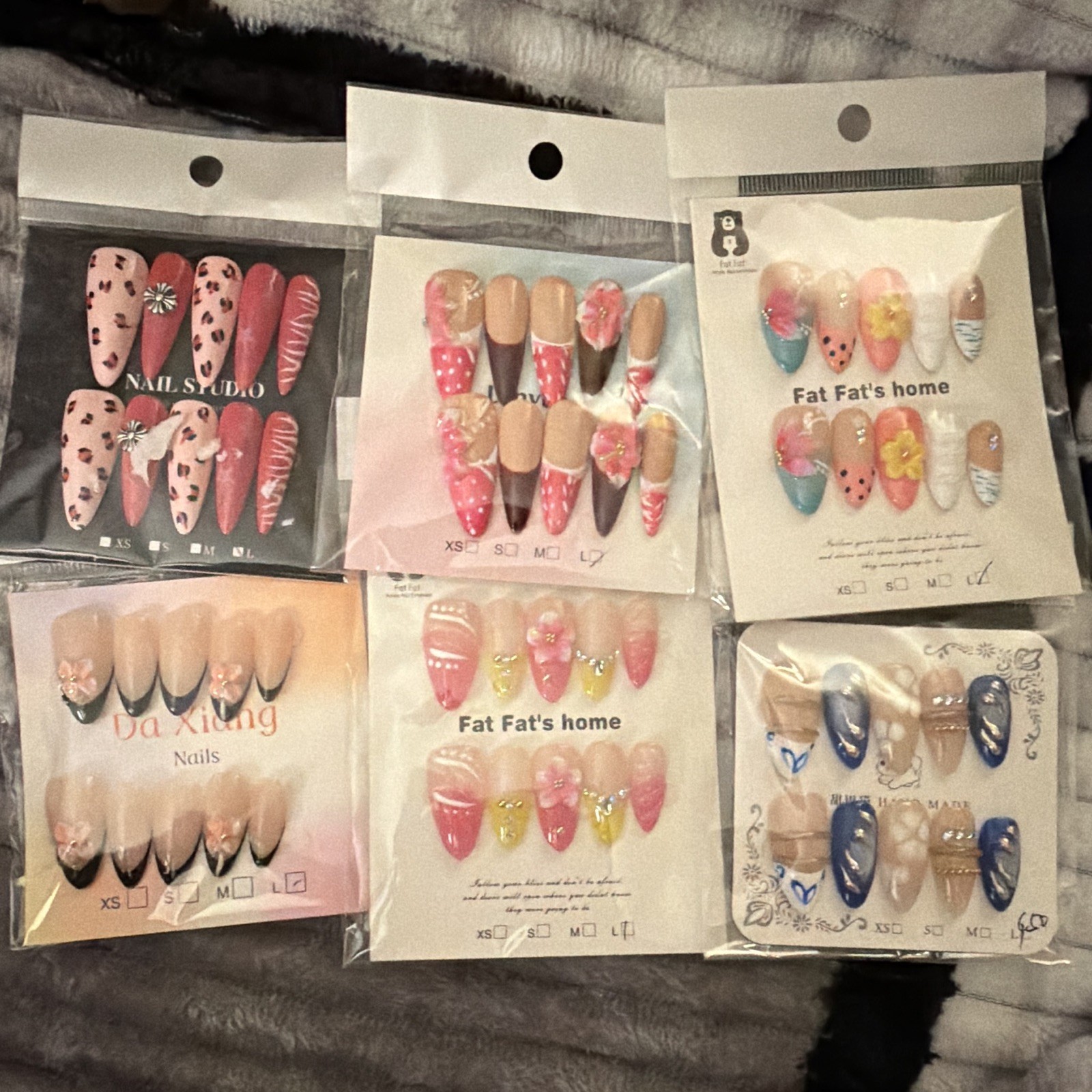 Press-On Nails Lot of 6 Long 3D Floral Multicolor