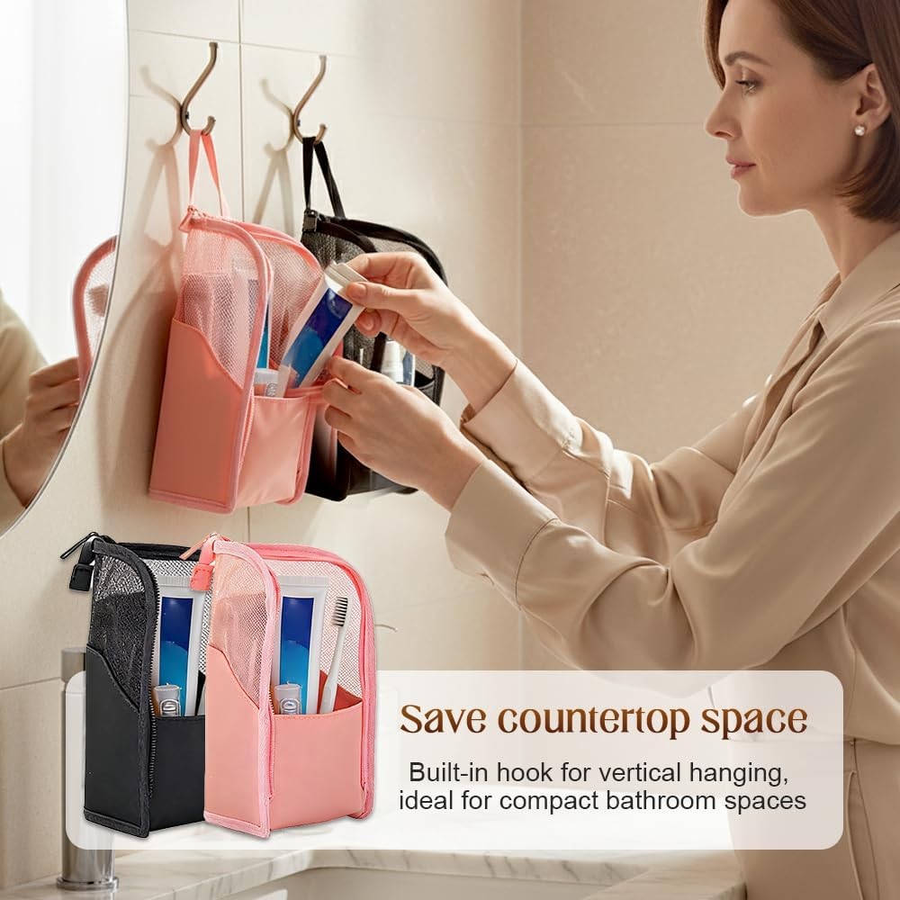 Standing Toiletry Bag 2026 – Lightweight Waterproof, Black+Pink, Travel Pouch