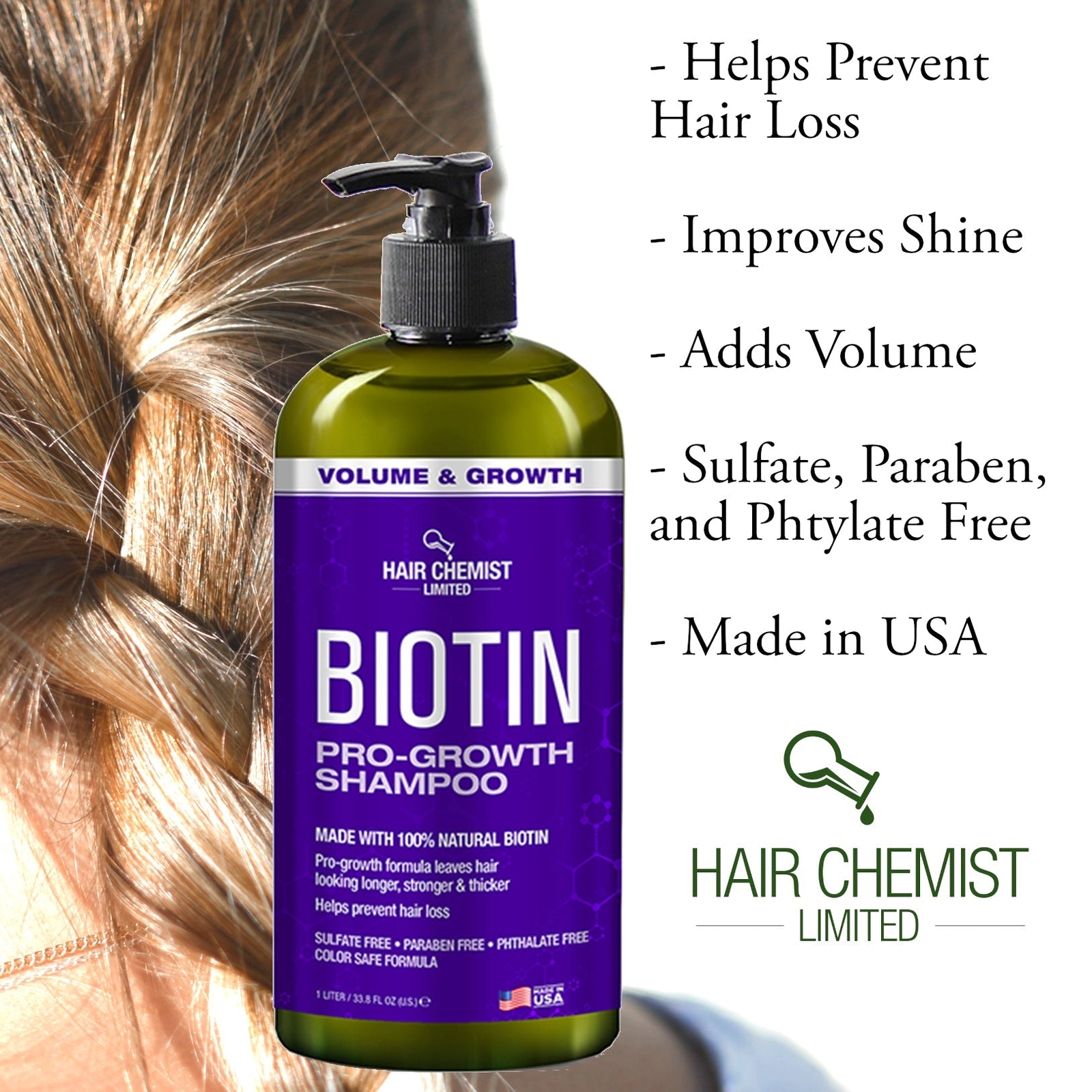 Hair Chemist Biotin Pro-Growth Shampoo & Conditioner Set – Includes 33.8oz Shamp