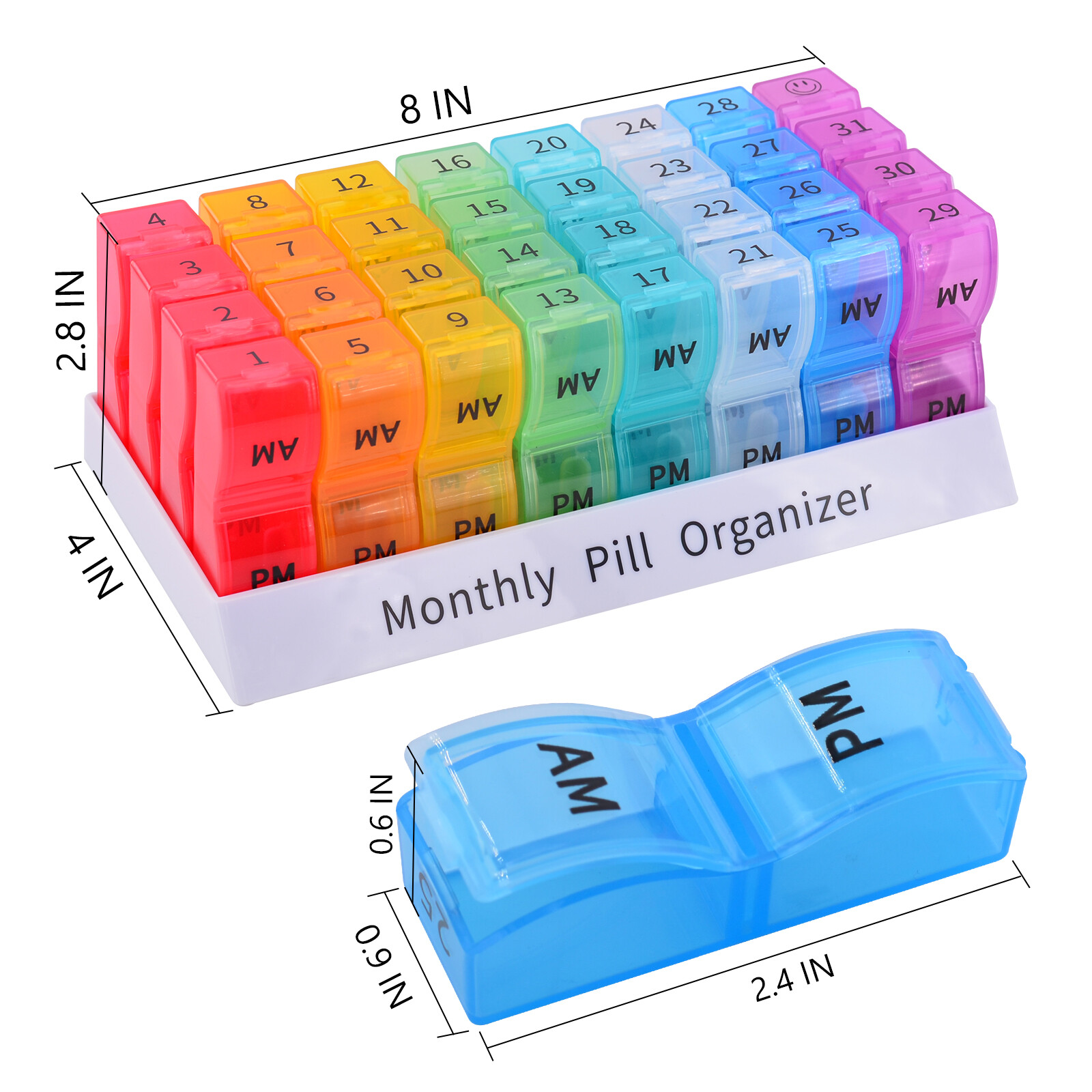 Monthly Pill Organizer Pill Case Box 31 Day AMPM 32 Single Unit Lock Compartment