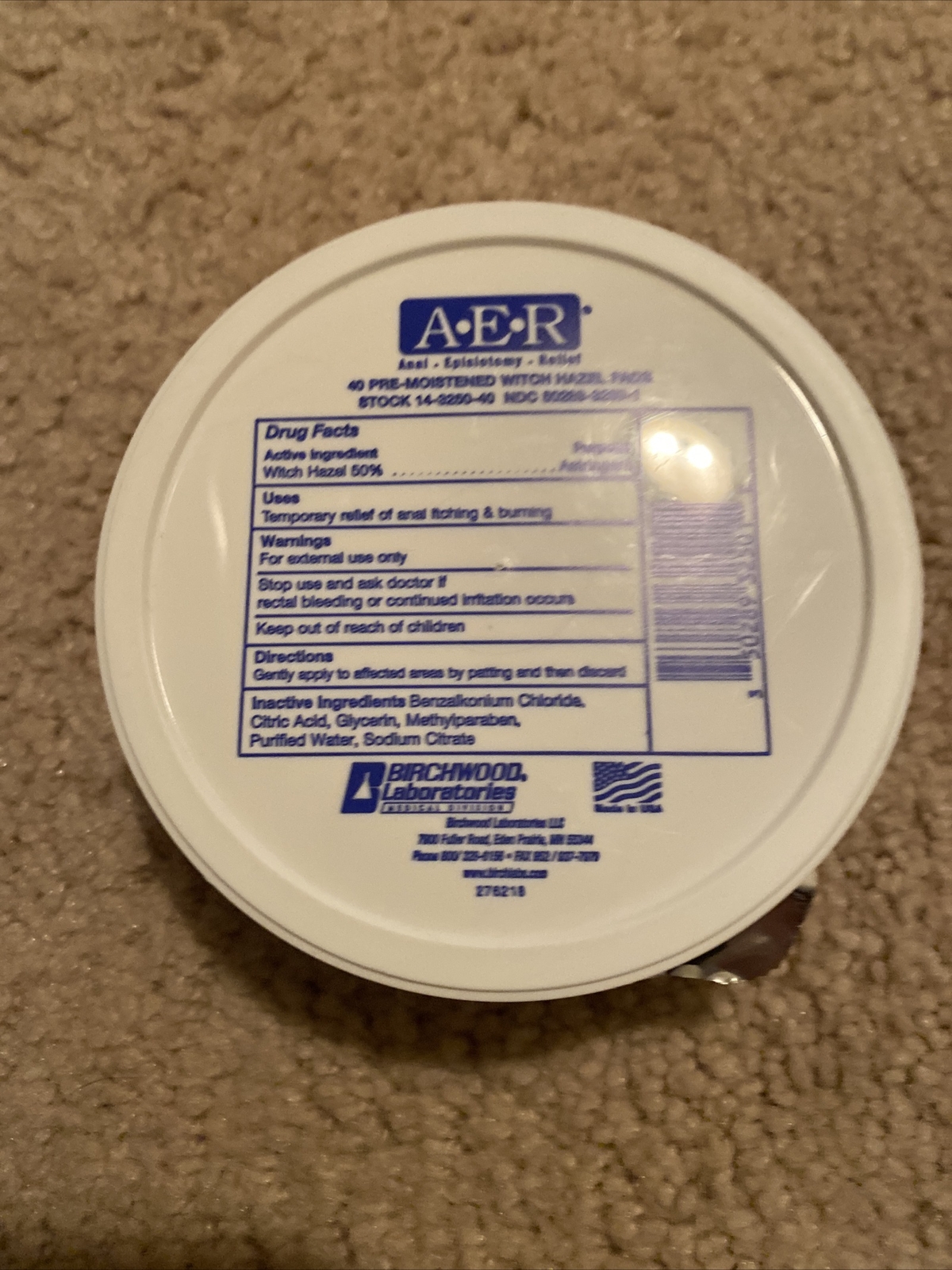 AER Witch Hazel Pads Hemorrhoid Relief (Jar of 40 pads)