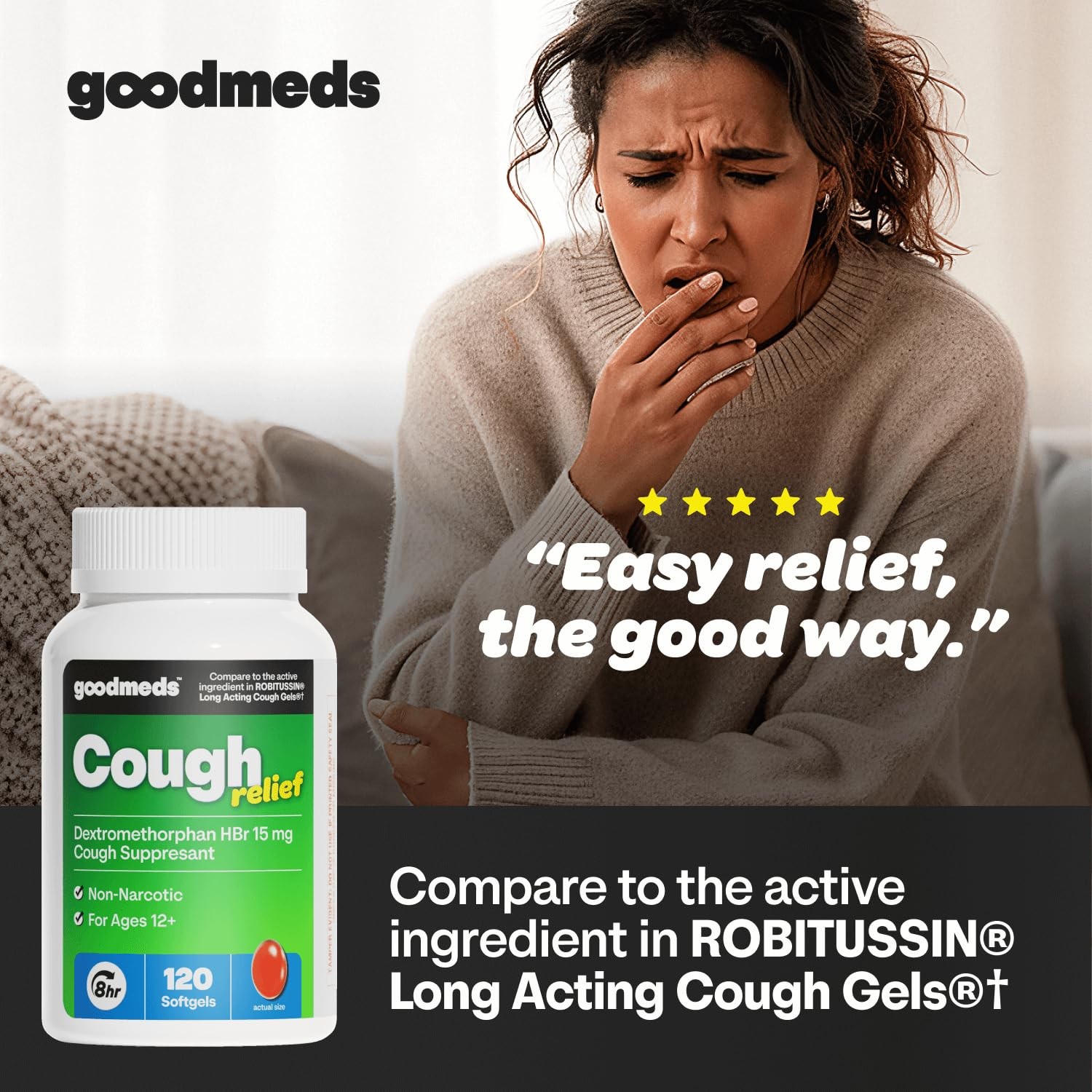 Cough Relief for Adults Softgels Dextromethorphan HBr DXM 15mg 8Hour, Non-Dro…