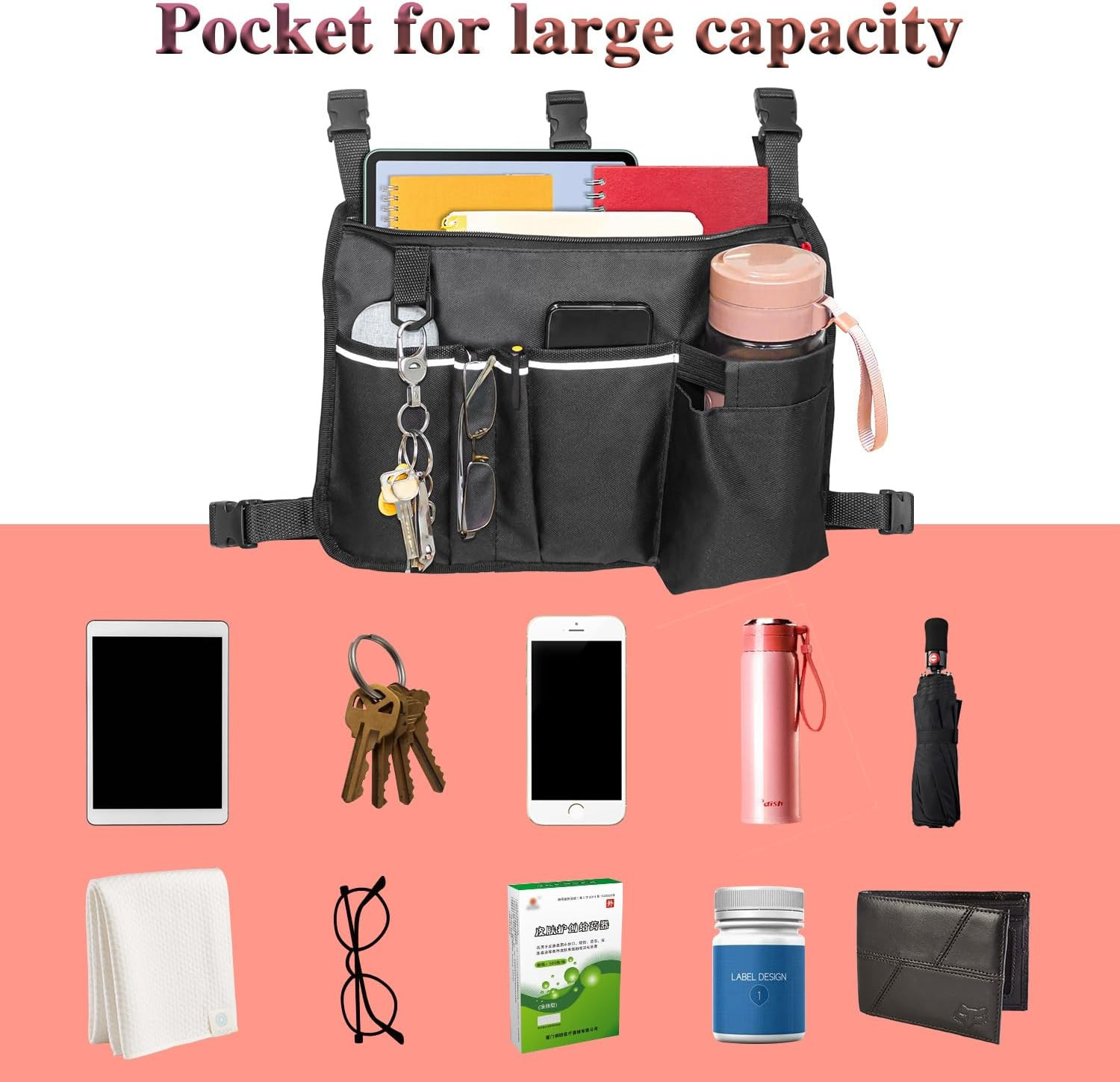 Large Walker Bag with Water Cup Holder,Walker Basket,Foldable Walker Storage Bag