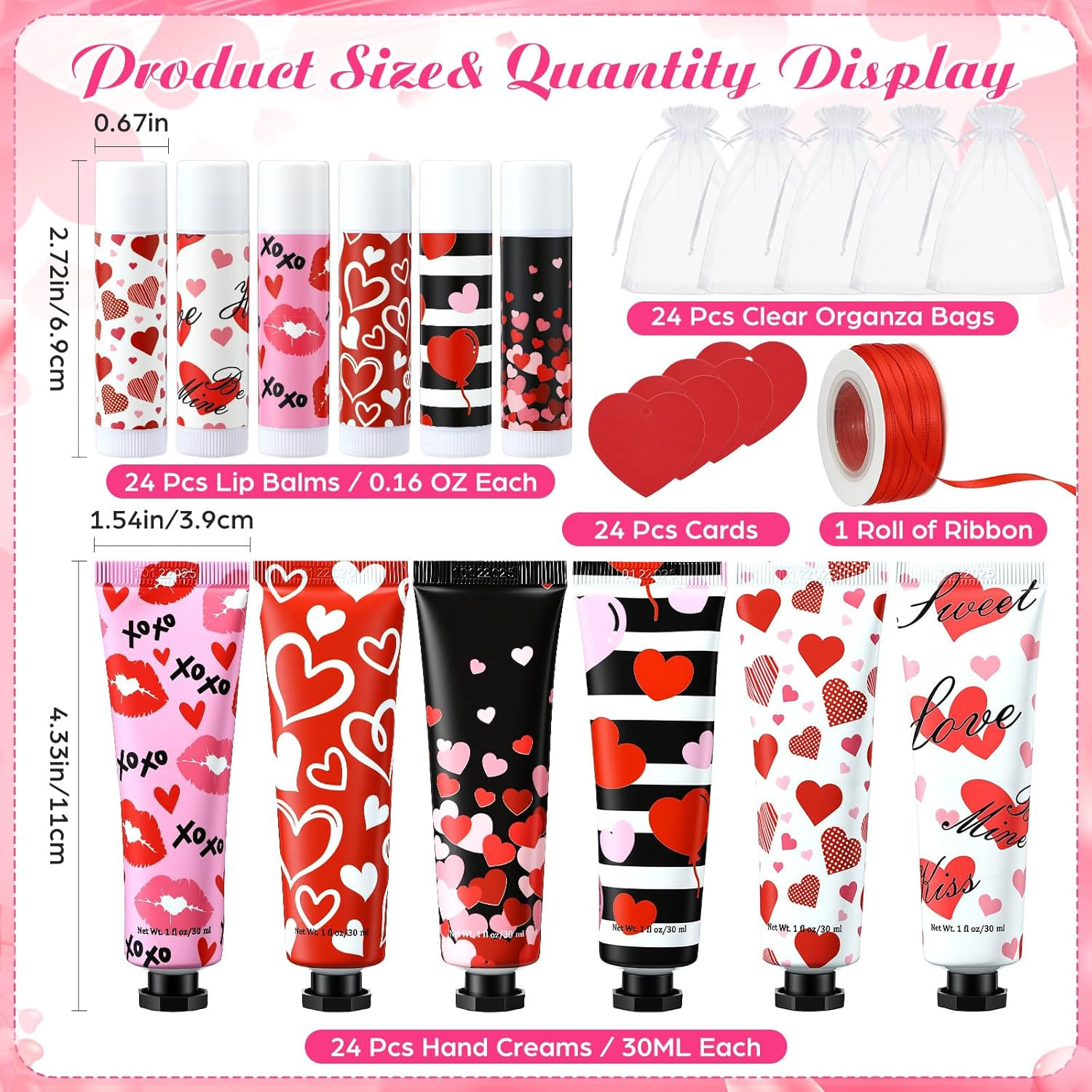 24 Sets Valentine Bulk Gifts Hand Cream and Lip Balm Bulk Set with Organza Bag R
