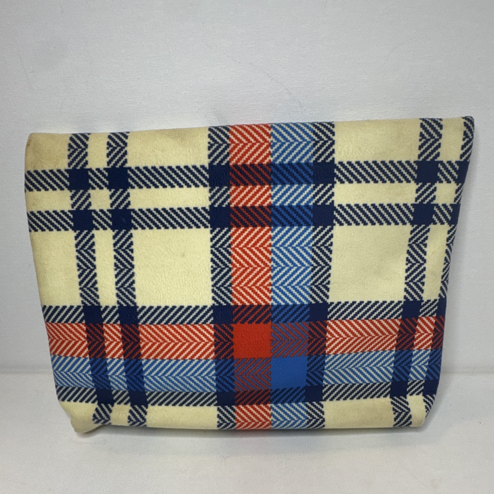 Plaid Checkered Zip Makeup Bag Pouch/Case Beige Blue Red Zipper Closure