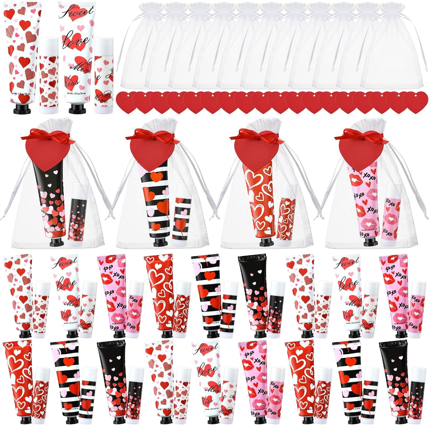 24 Sets Valentine Bulk Gifts Hand Cream and Lip Balm Bulk Set with Organza Bag R