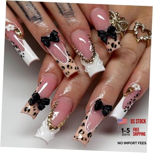 Square Press on Nails – Leopard & 3D Black Bow French Tip Nude Long Pink