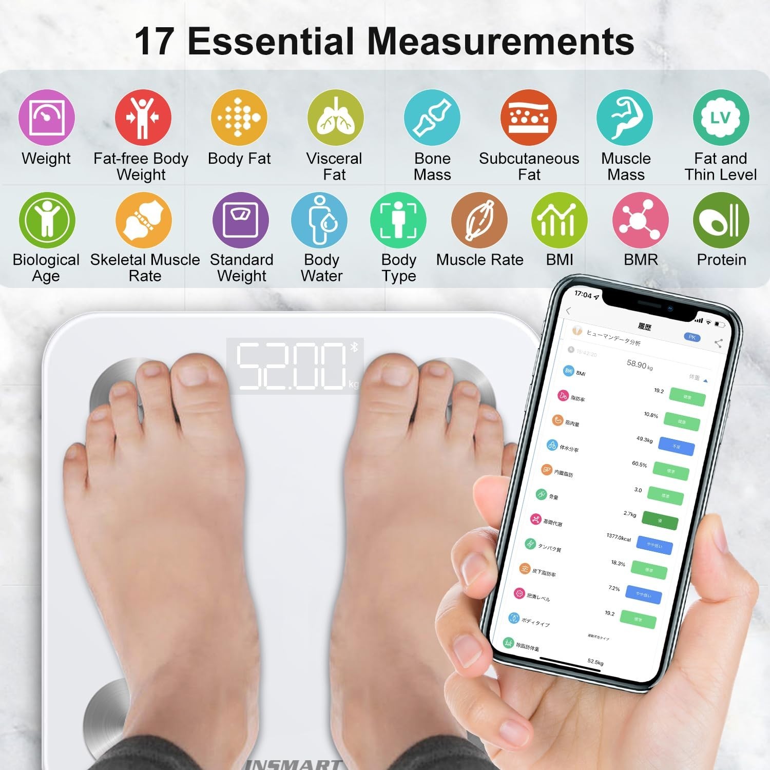 High Precision Bluetooth Body Fat Scale: 17 Metrics & App Sync, 400 lbs Capacity