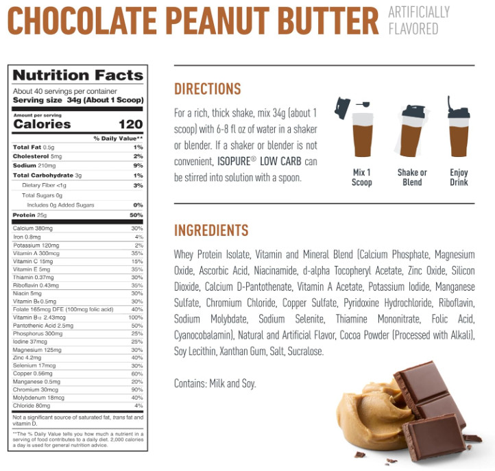Isopure Low Carb Whey Protein Isolate, Chocolate Peanut Butter, 3 lb, 40 Serving