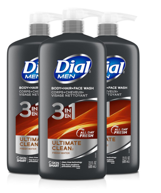 Dial Men 3 in 1 Body, Hair and Face Wash, Refresh, 16 Fl Oz, Pack of 3, Cleanses
