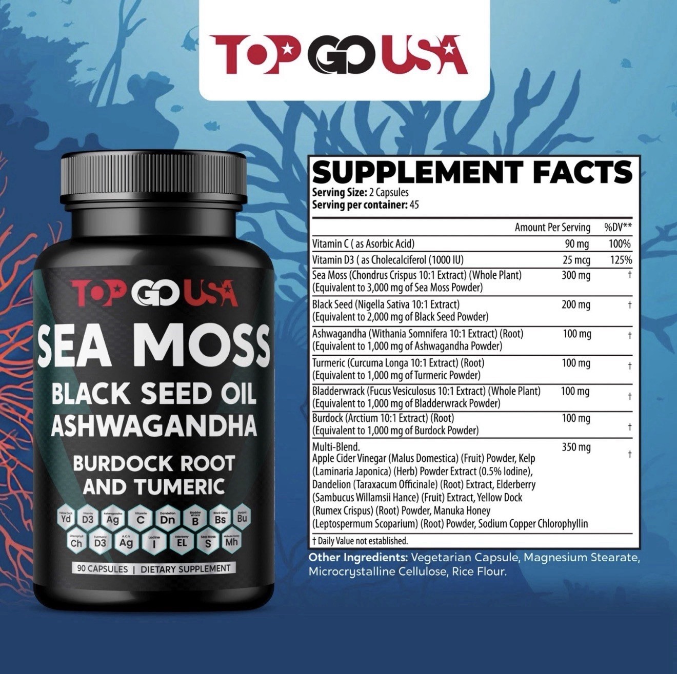 3 Pack Sea Moss Black Seed Oil Ashwagandha Burdock Root Turmeric 270 Capsules