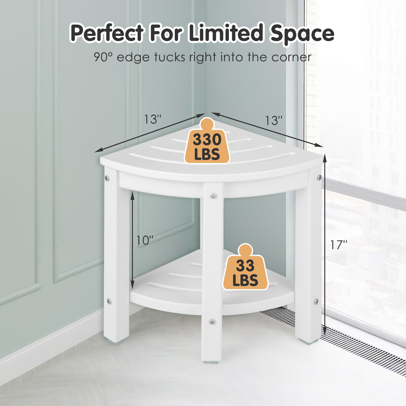 2-Tier Waterproof Shower Stool Corner Shower for Indoor Outdoor Use White