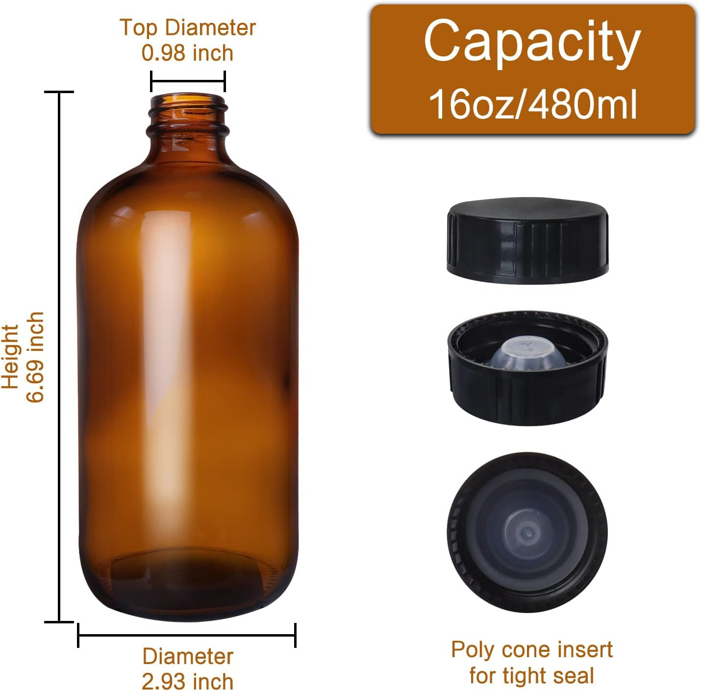 12 Pack 16 Oz Amber Boston round Glass Bottles with Black Caps for Secondary Kom