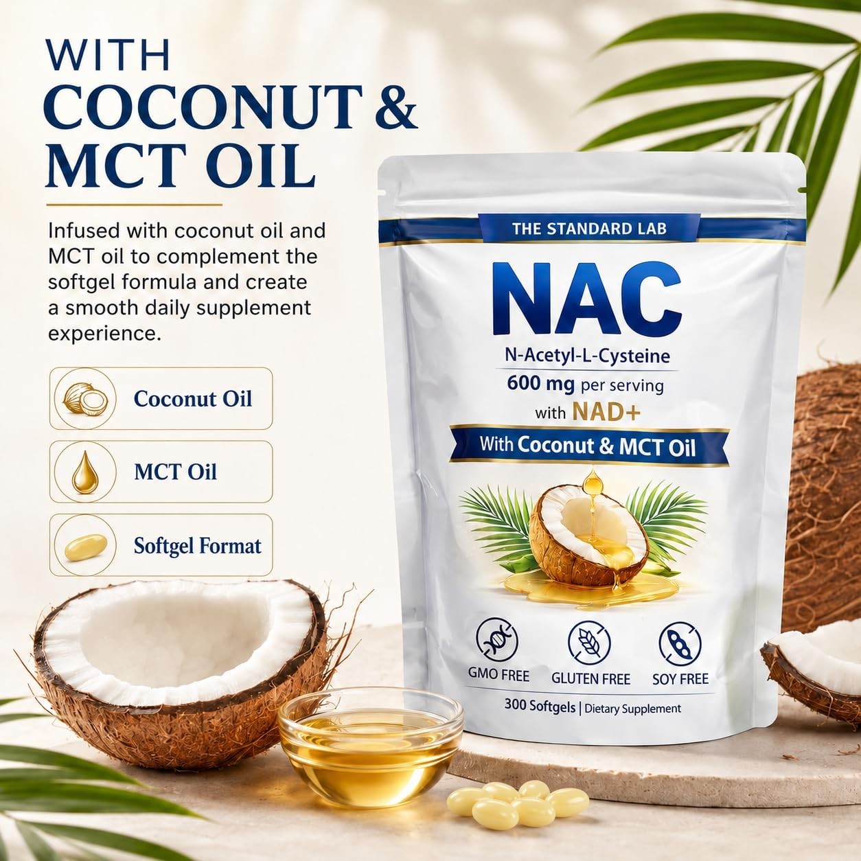 NAC 600mg with NAD+ Daily Complex – 300 Softgels for Immune Support & Energy Boo