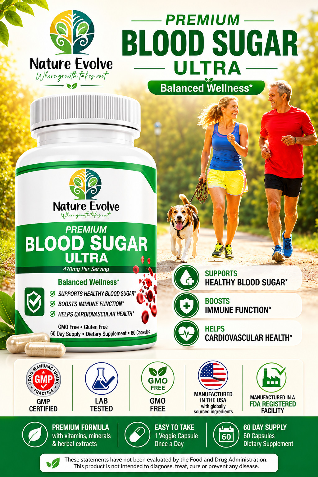 Nature Evolve Premium Blood Sugar Ultra 60 Capsules 60 Day Supply Made In USA