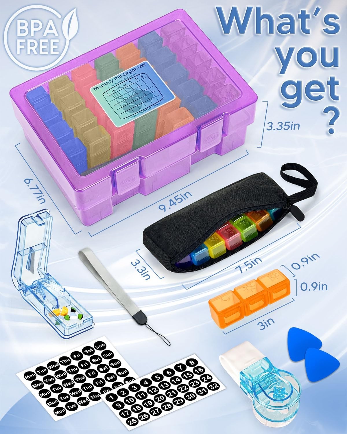 Weekly Pill Organizer 3x Daily, Portable Medicine Box with Pill Cutter & Sticker