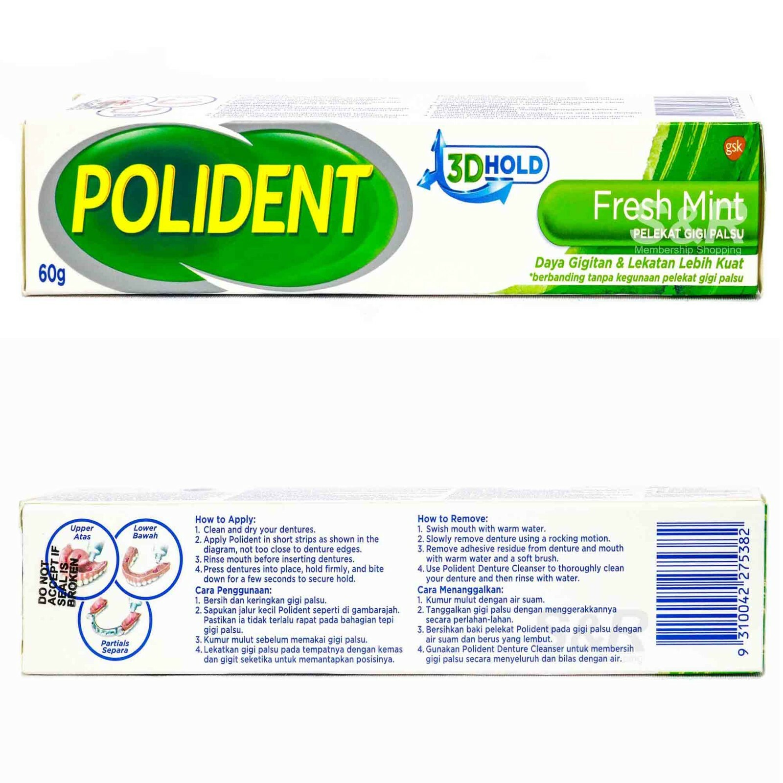 Teeth Adhesive 6 x 60g Polident Denture Fresh Mint-FREE from Zinc FAST SHIPPING
