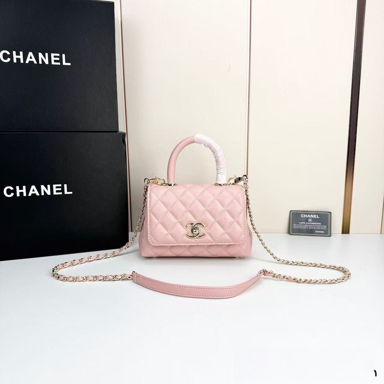 Women’s Pink Quilted Leather Top-Handle Flap Bag with Gold Chain