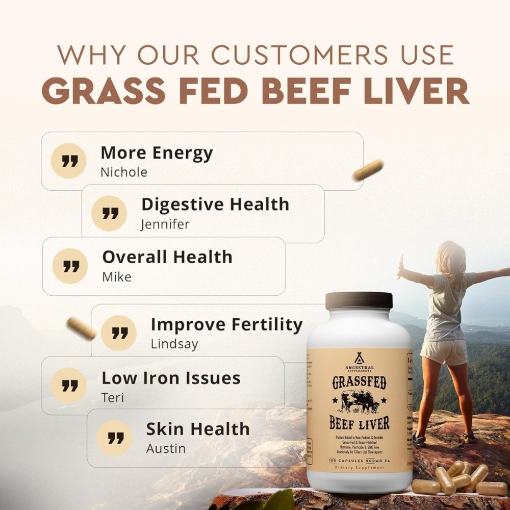 1-3 pack Ancestral Supplements Grassfed Beef Liver – 180 Capsules 500mg
