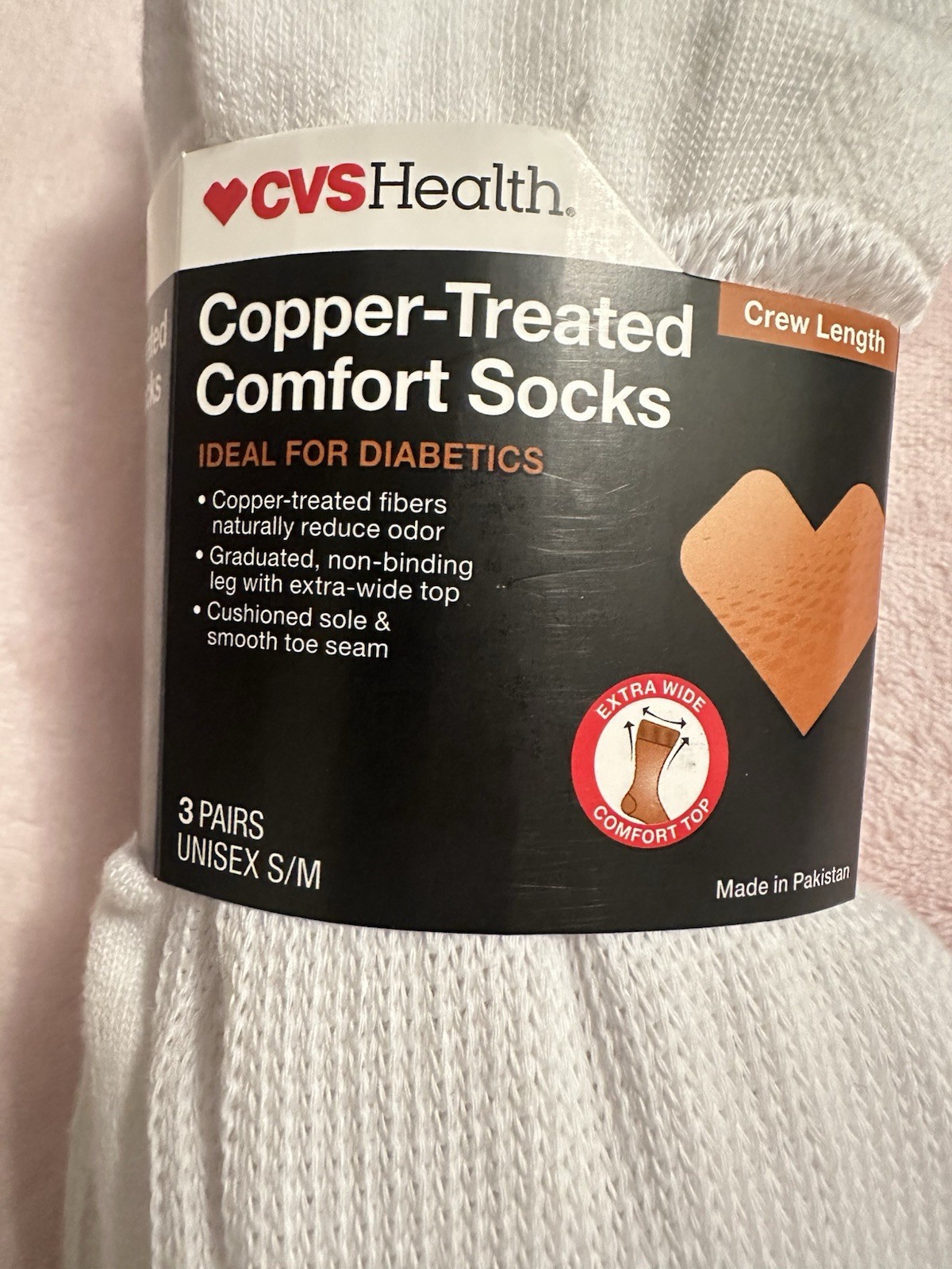 CVS Copper Treated Diabetic Socks Crew Length S /M 3 Pair White