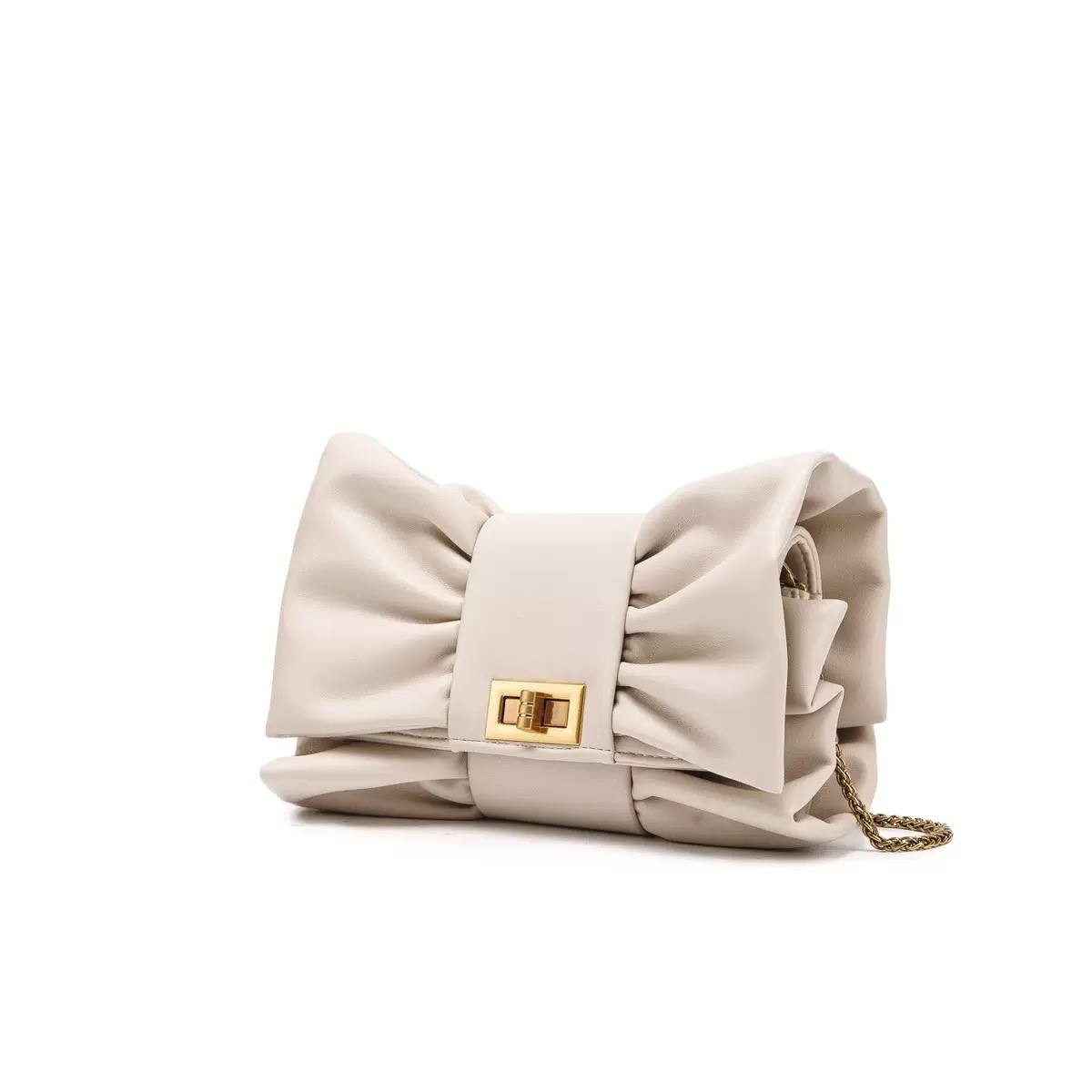 Cream Bow Crossbody Clutch Elegant Soft Ruched Evening Bag