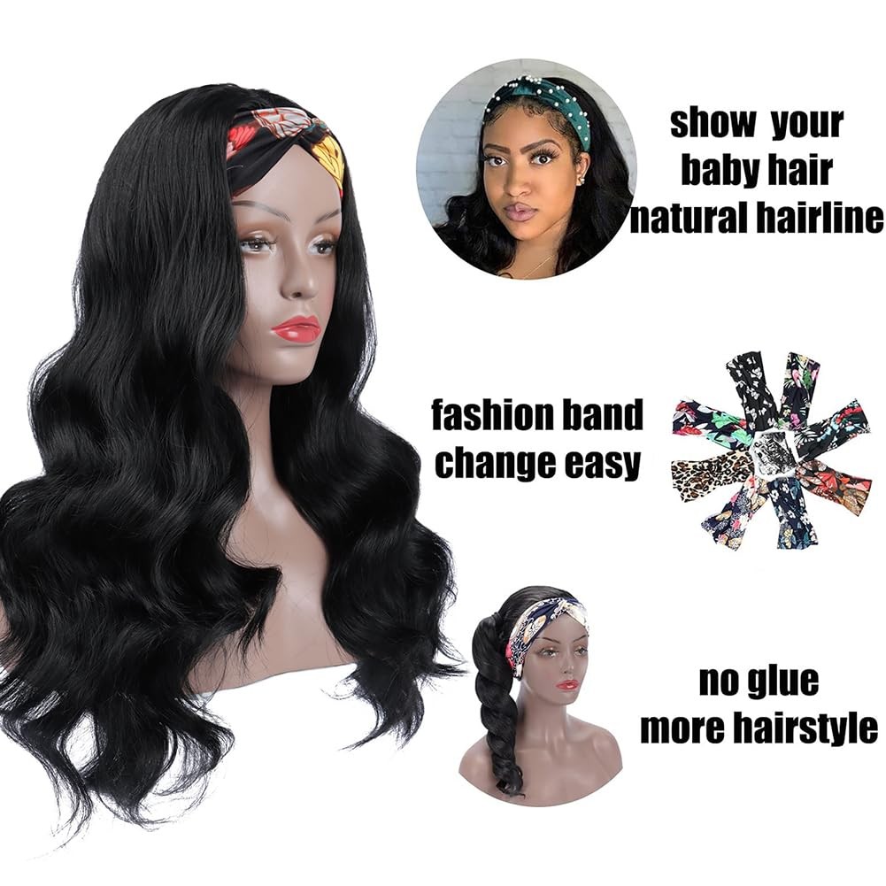 Glueless Headband Wig Long Black Body Wave Headband Wigs for Black Women 26inch