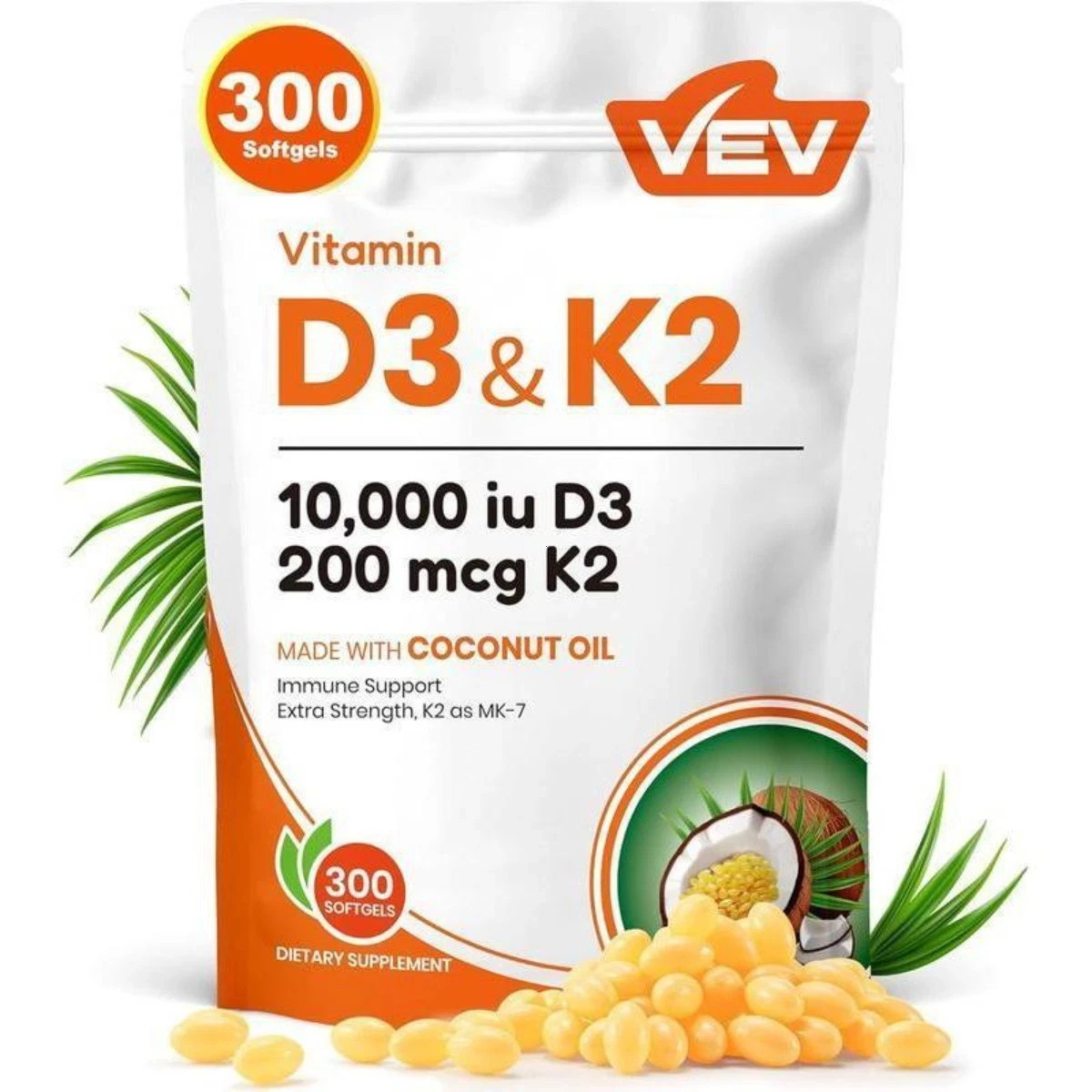 VEV D3 K2 10000 IU Softgels with Coconut Oil, 300 Ct,2-in-1 Vitamin,new