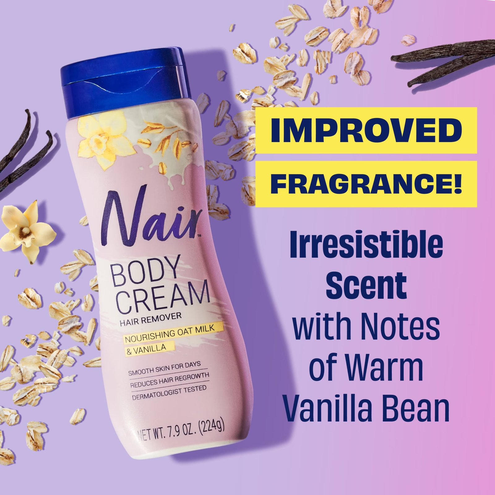 Body Cream Hair Remover, Oat Milk & Vanilla, Body Hair Removal Cream for Wo