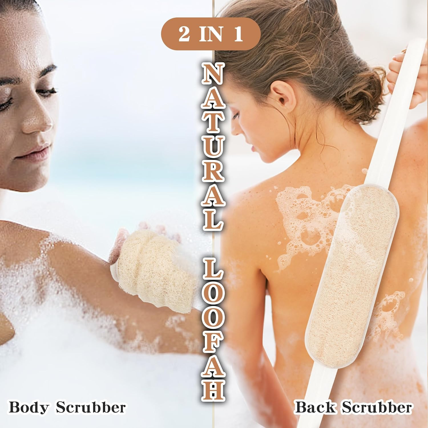 Natural Loofah Back Scrubber Long Loofa for Shower Bath with Handles Exfoliating